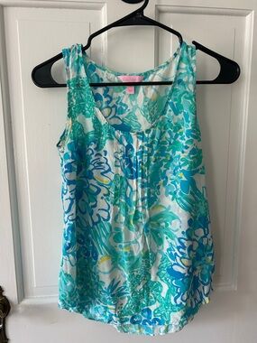 Lilly Pulitzer Floral Scoop Neck Tank - Blue, Teal, White